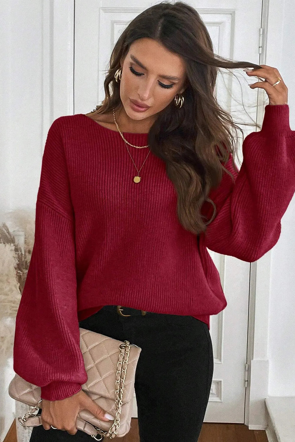 Red Dahlia Ribbed Knit Contrast Ribbon Knot Drop Shoulder Sweater
