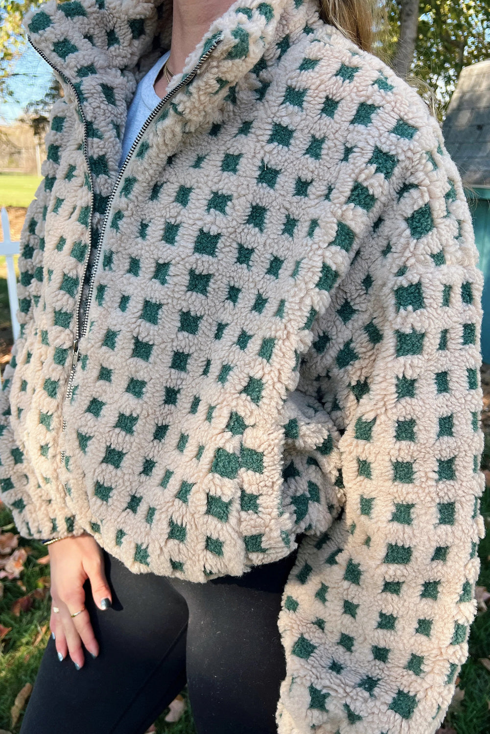 Green Plush Plaid Zip Up Cozy Winter Coat