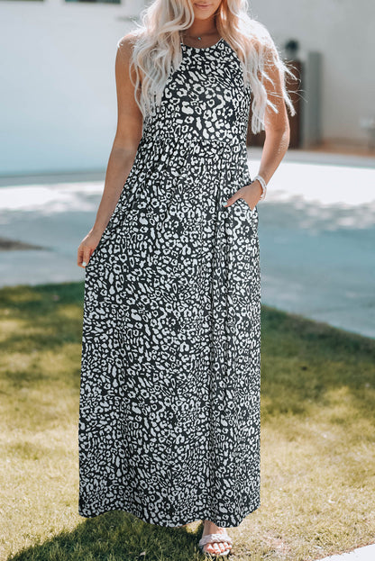 Printed Sleeveless Tie Waist Maxi Dress