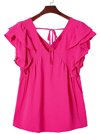 Pretty in Pink V-Neck Ruffle Tunic Top with Tie Back