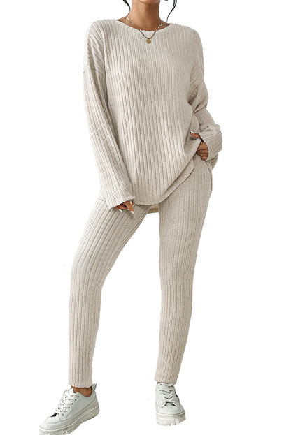 Apricot Ribbed Knit Lounge Set with Long Sleeve Top and Skinny Pants