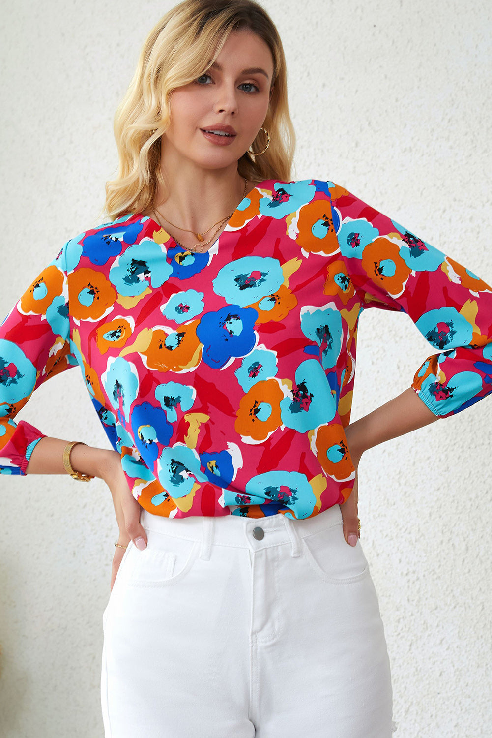 Elegant Rose Floral V Neck Blouse with Bracelet Sleeves
