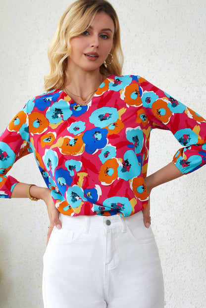 Elegant Rose Floral V Neck Blouse with Bracelet Sleeves