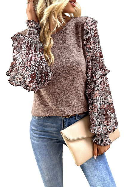 Elegant Pale Chestnut Floral Ruffle Sleeve Blouse