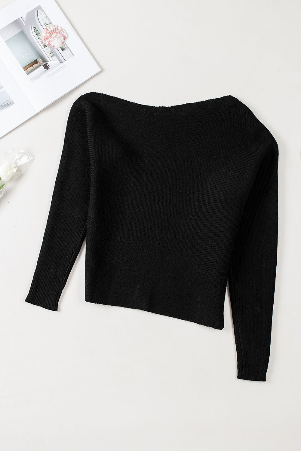 Elegant Off-The-Shoulder Black Knit Sweater