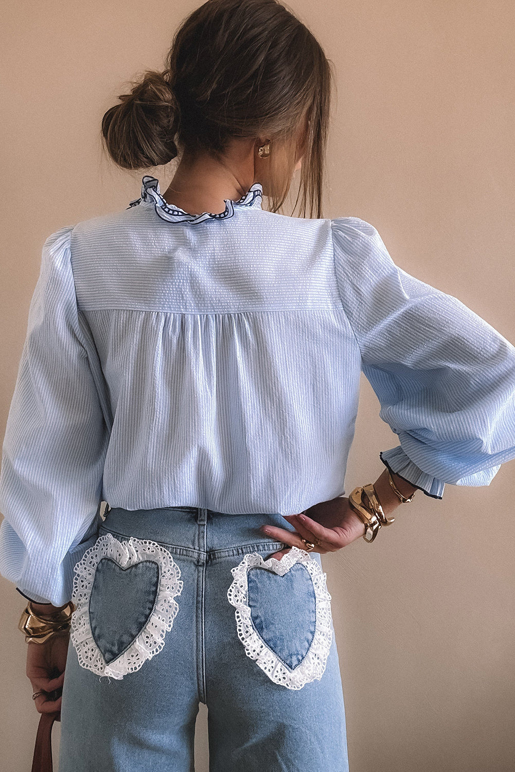 Beau Blue Striped Print Embroidered Ruffle Trim Long Puff Sleeve Shirt