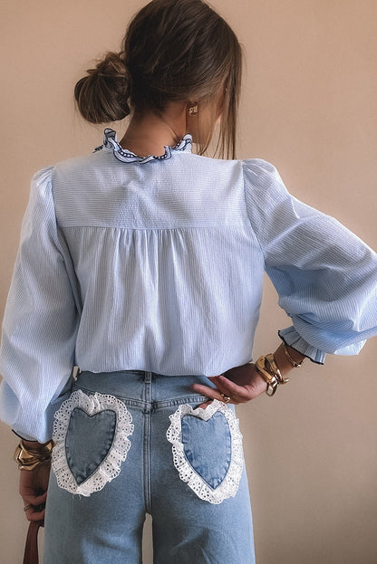 Beau Blue Striped Print Embroidered Ruffle Trim Long Puff Sleeve Shirt