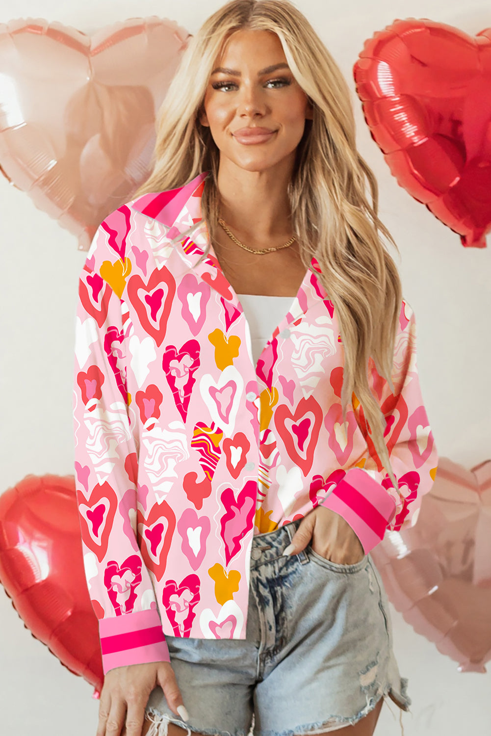 Pink Whimsical Heart Print Striped Trim Loose Shirt