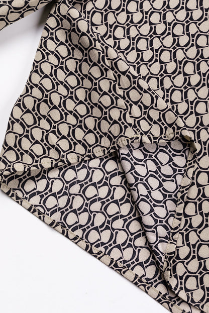 Frenchy Frill V-Neck Printed Shift Blouse in Light Beige