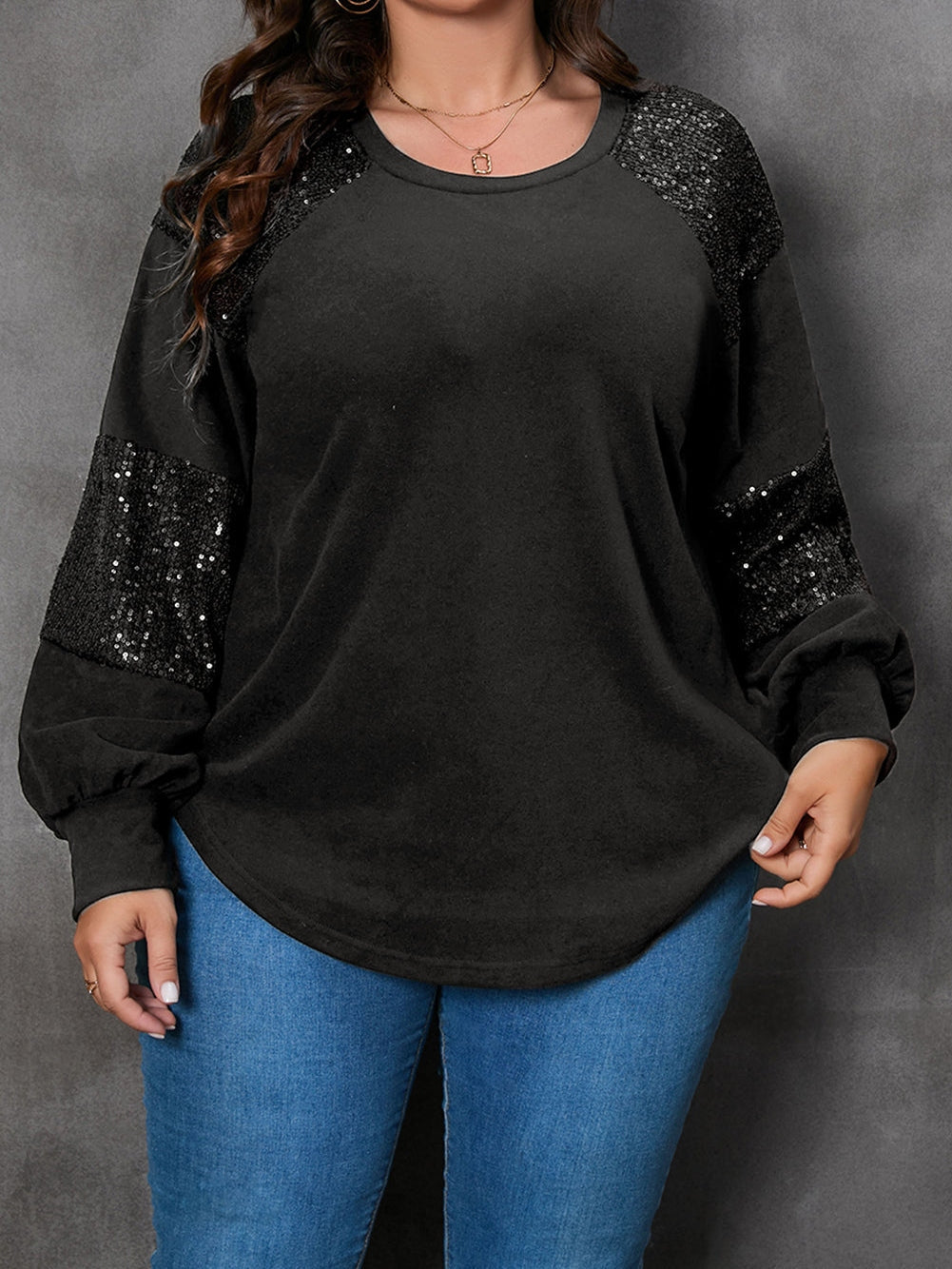 Sparkling Black Plus Size Sequin Patchwork Long Sleeve Top