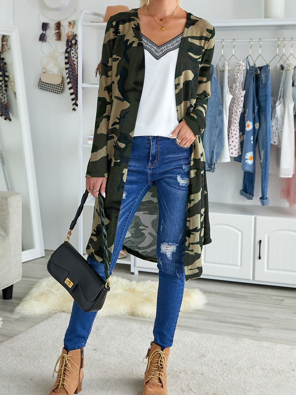 Green Camo Print V-Neck Cardigan