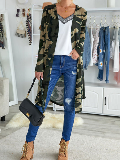 Green Camo Print V-Neck Cardigan