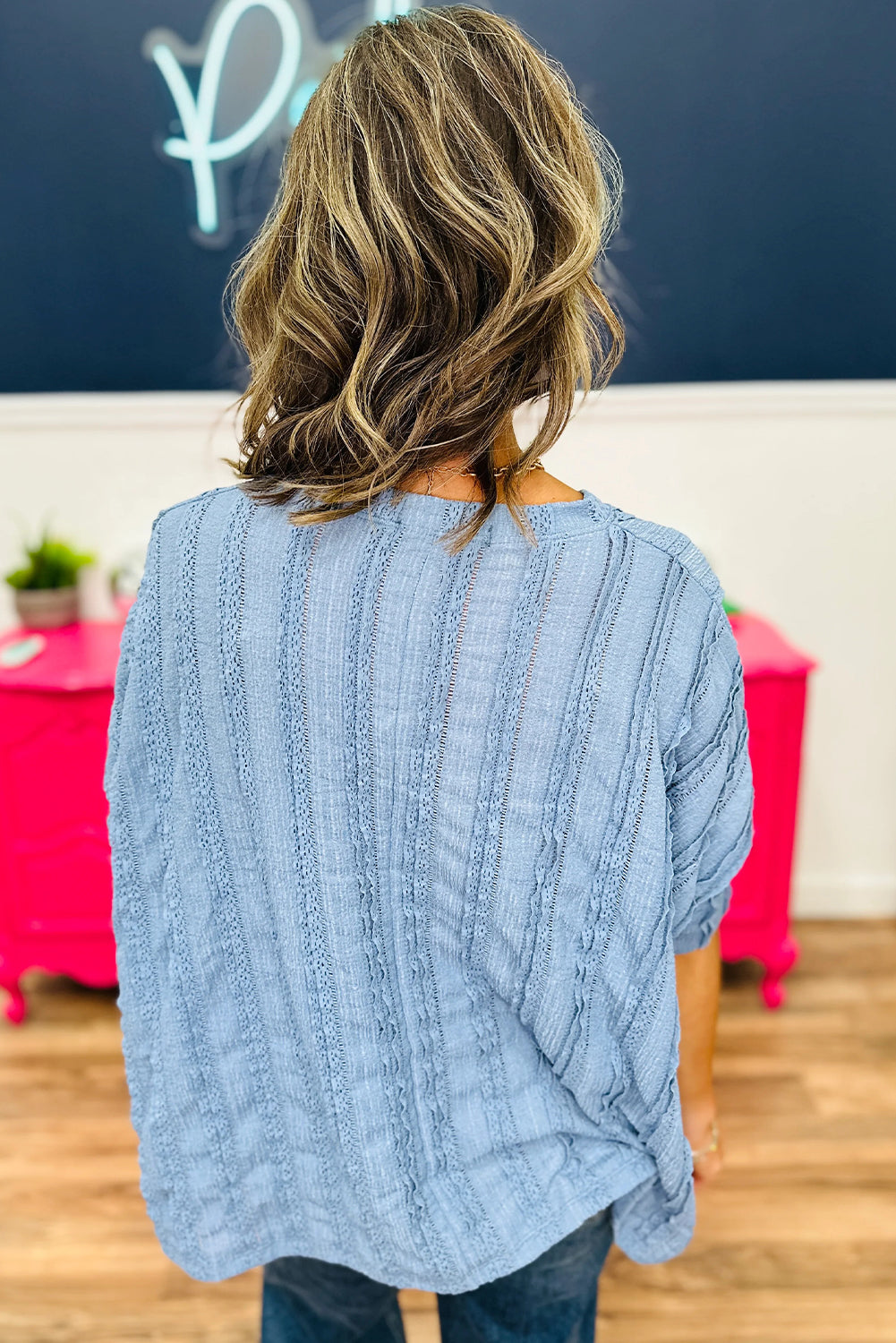 Myosotis Lacy Striped Texture 3/4 Sleeve Dolman Blouse