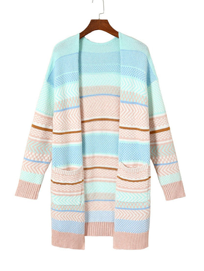 Elegant Multicolored Striped Knit Open-Front Sweater Coat