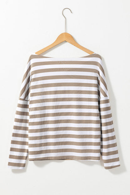 Khaki Boat Neck Striped Long Sleeve Top