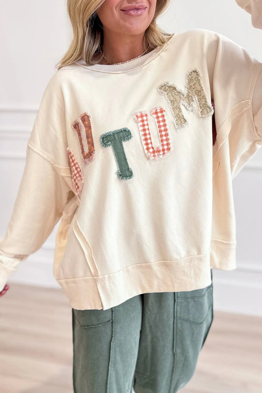 Beige AUTUMN Patched Letter Graphic Pullover Casual Sweatshirt