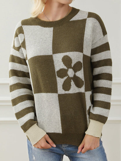 Green Checkered Floral and Striped Sleeve Sweater with Round Neck