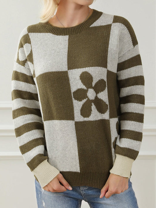 Green Checkered Floral and Striped Sleeve Sweater with Round Neck