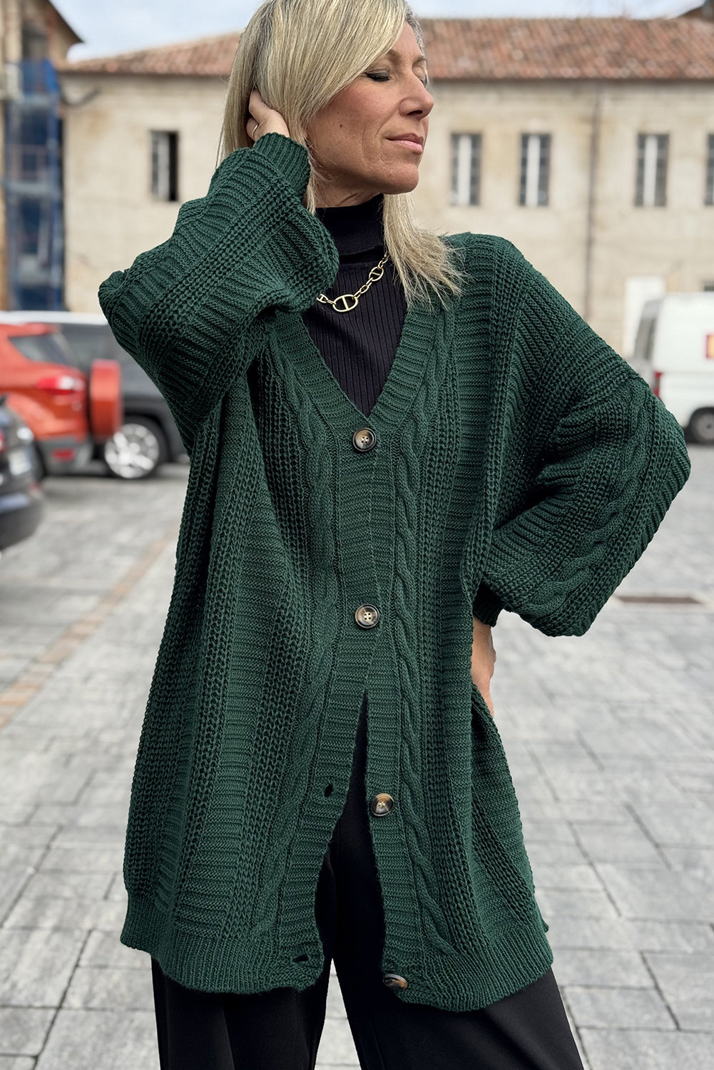 Evergreen Cable Knit Button V Neck Oversize Sweater Cardigan