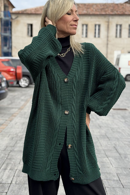 Evergreen Cable Knit Button V Neck Oversize Sweater Cardigan