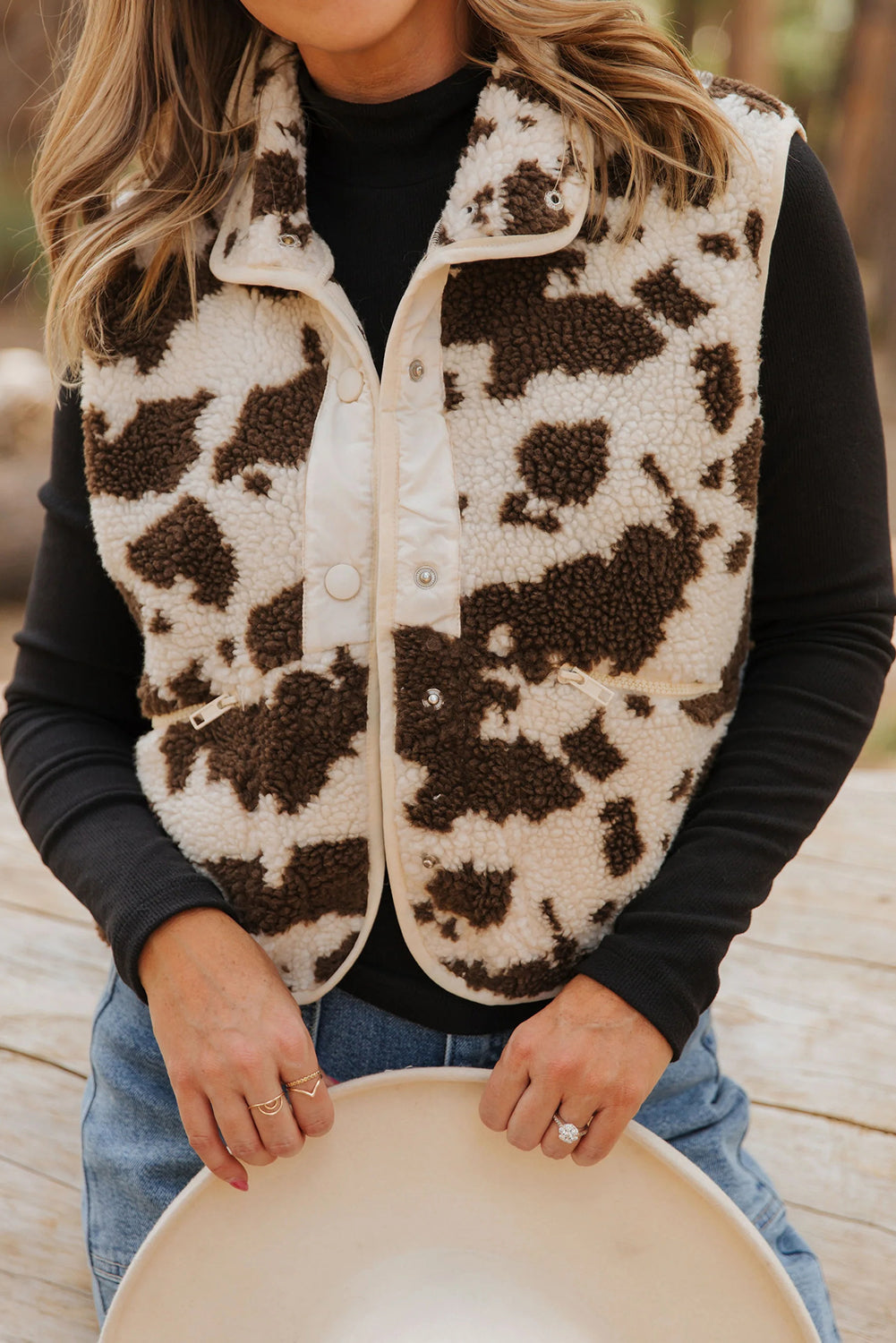 Brown Western Cow Spots Snap Button Sherpa Vest