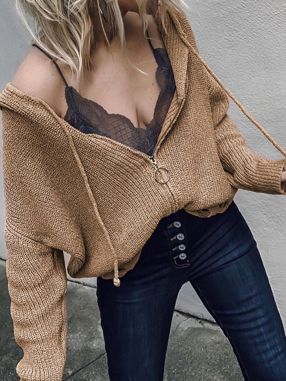 Khaki Hooded V-neck Zip-Up Solid Sweater with Dropped Sleeves