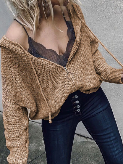 Khaki Hooded V-neck Zip-Up Solid Sweater with Dropped Sleeves