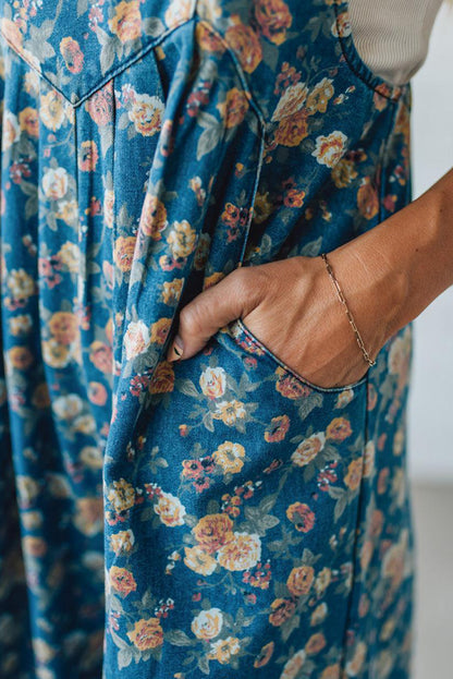 Blue Vintage Rose Printed Pleated Loose Denim Overall Jumpsuit