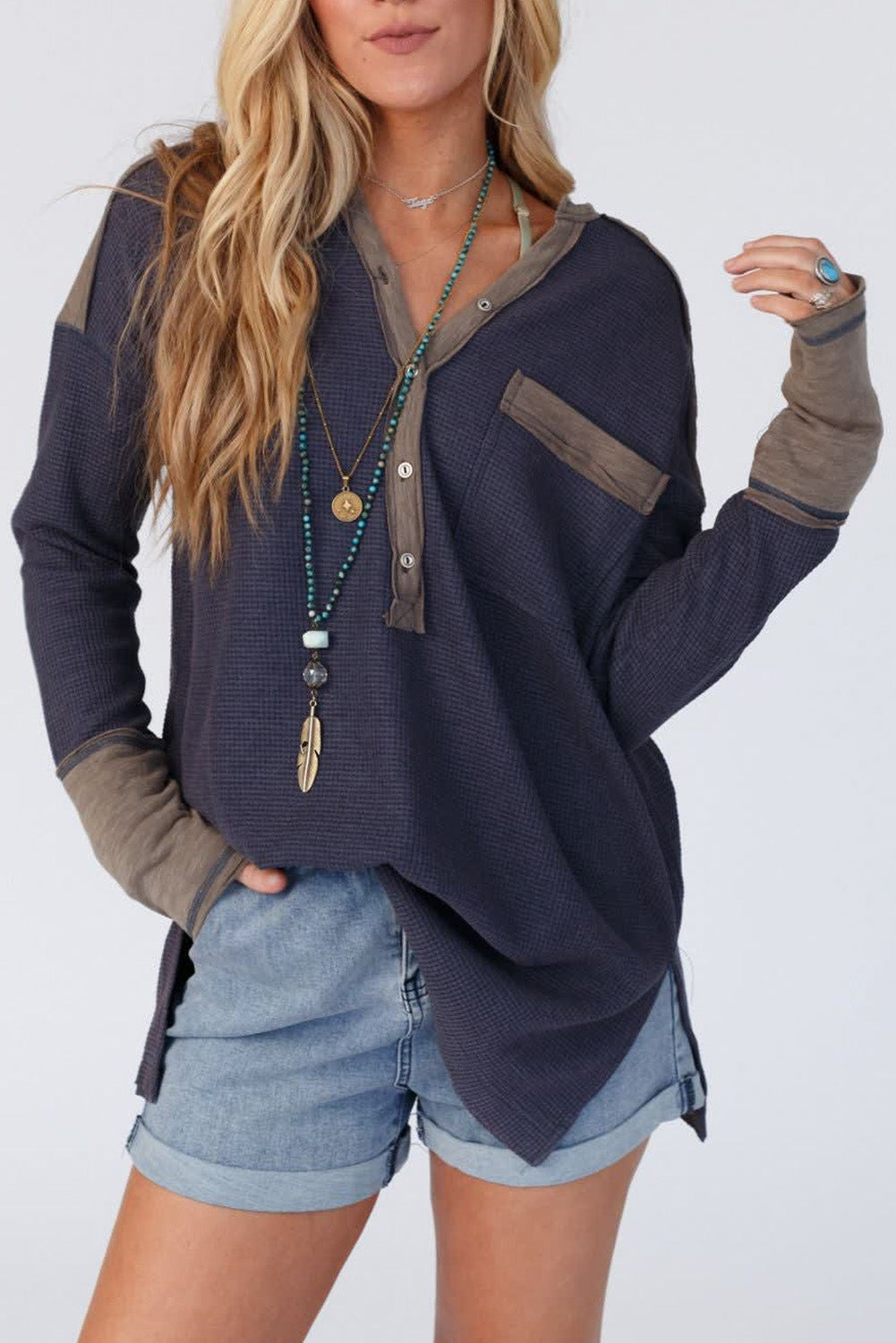 Dark Blue Contrast Trim Half Button Thermal Top