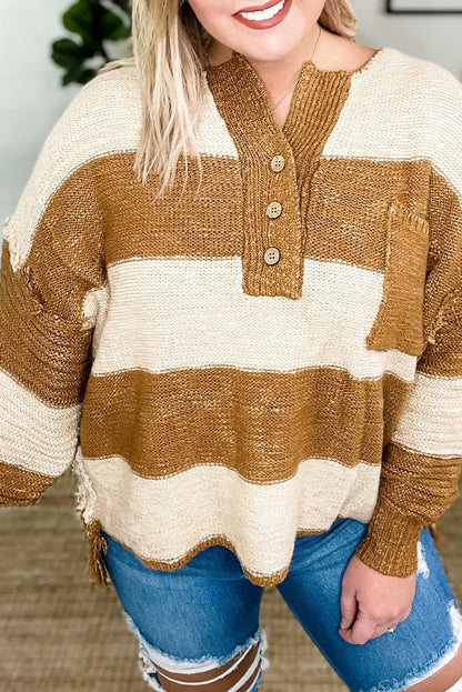 Khaki Stripe Single Chest Pocket Raw Seam Drop Shoulder Plus Size Henley Sweater