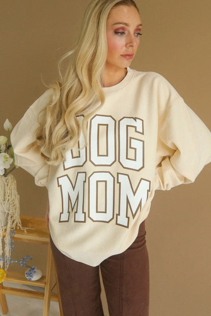 Beige Ribbed Texture DOG MOM Letter Print Oversize Sweatshirt