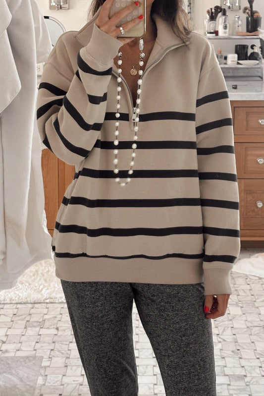 Khaki Stripe Zip Collared Casual Pullover Sweatshirt