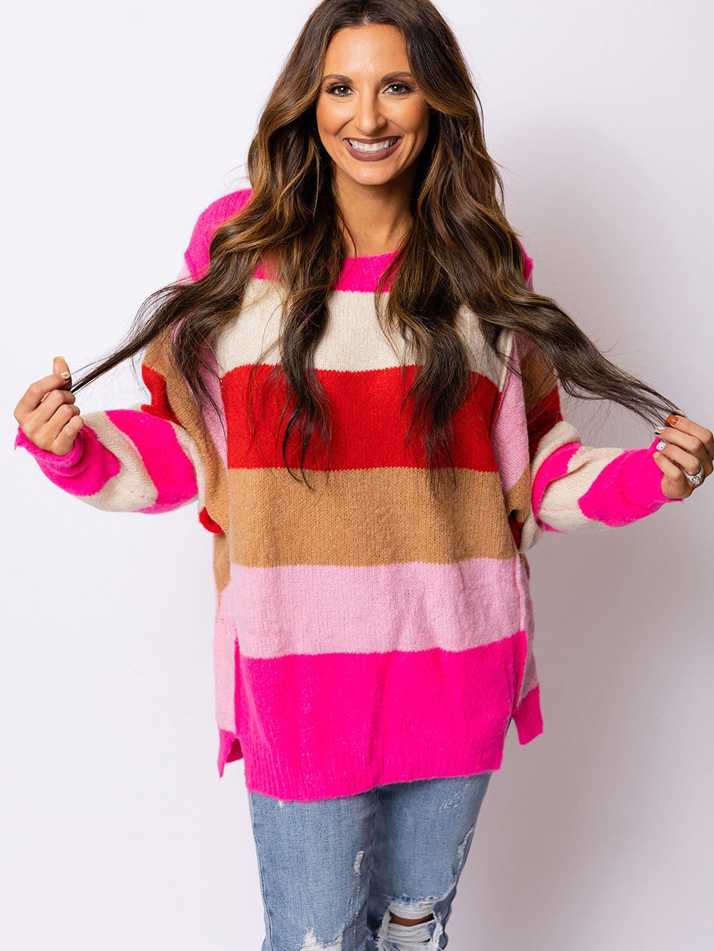 Fiery Red Mix Horizon Stripes Dolman Sleeve Pullover Sweater