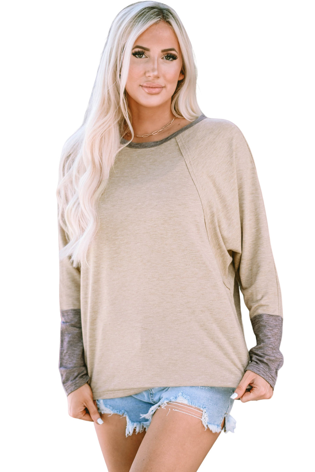 Khaki Batwing Sleeve Top with Color Block Cuffs