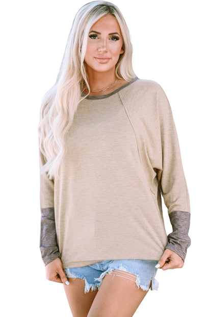 Khaki Batwing Sleeve Top with Color Block Cuffs