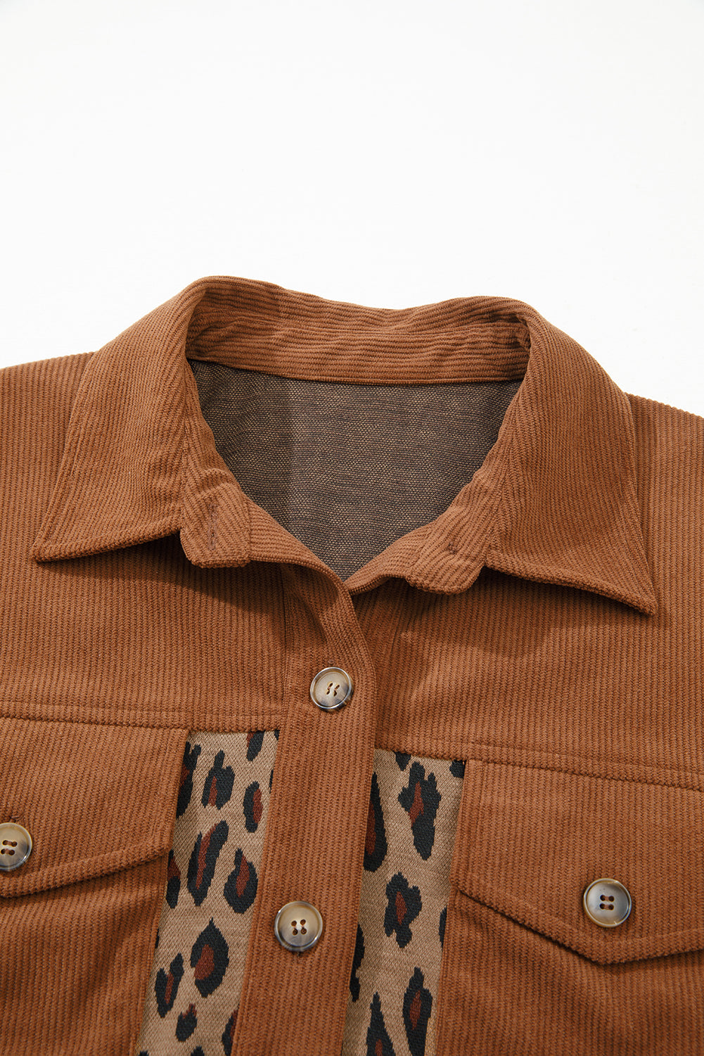 Chestnut Leopard Print Contrast Texture Patchwork Button Flap Pocket Casual Shacket