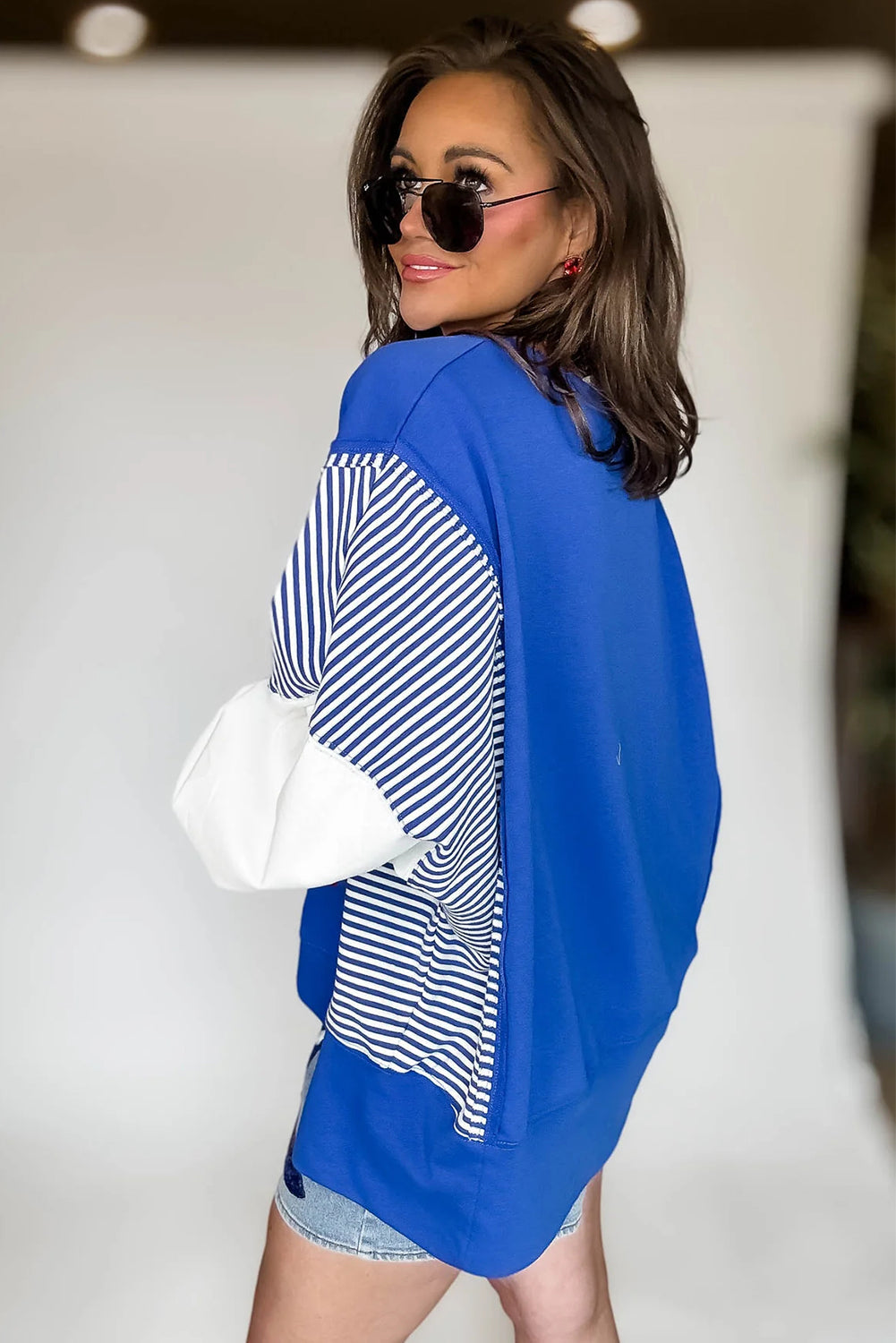 Dark Blue Striped Patchwork Sleeve Colorblock Sweatshirt