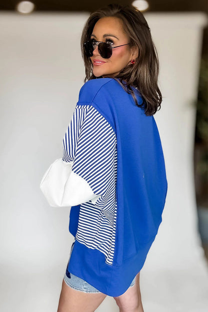 Dark Blue Striped Patchwork Sleeve Colorblock Sweatshirt