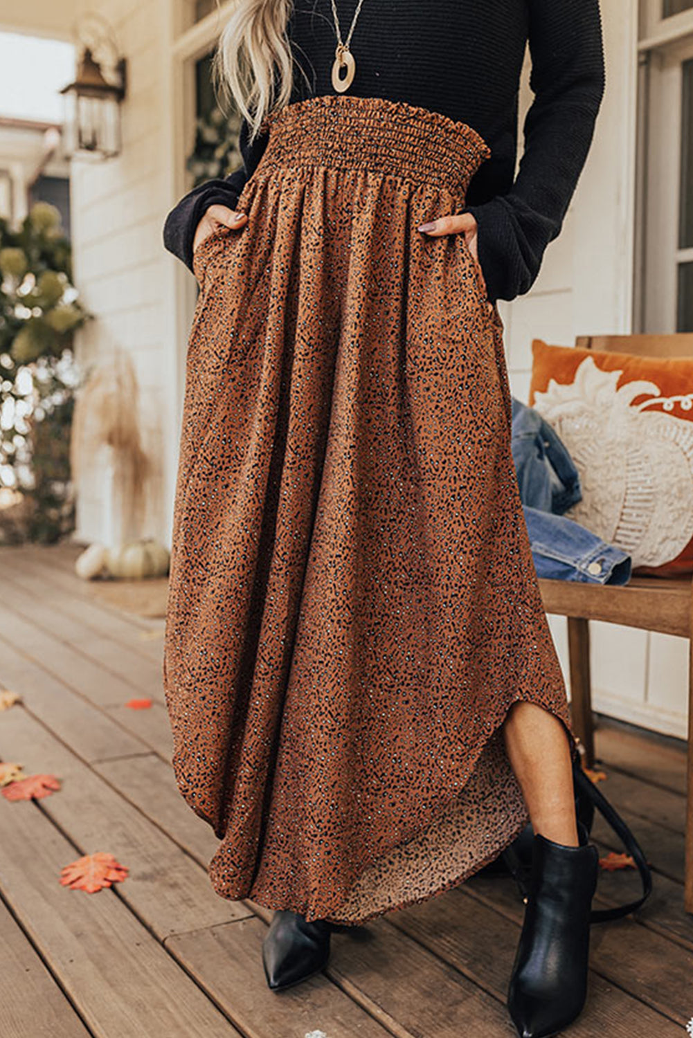 Brown Leopard High Rise Smocked Waistband Curved Hem Wide Leg Pants