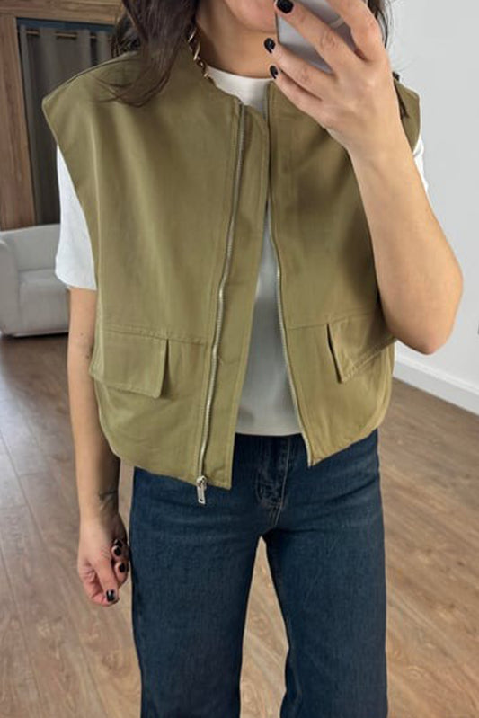 Guacamole Green Mock Pockets Zipped Front Cargo Style Casual Vest
