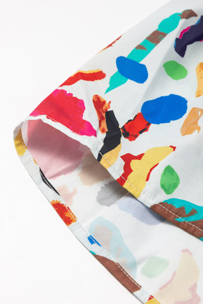 Green Abstract Print Notch Neck Bubble Sleeve Plus Dress