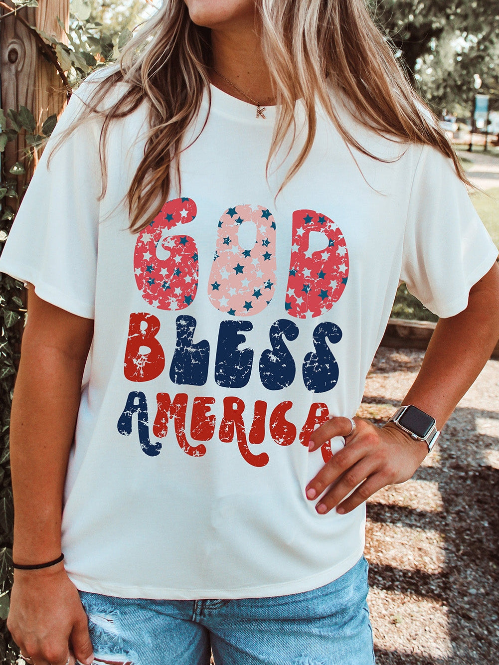 God Bless America Patriotic Graphic Tee in White