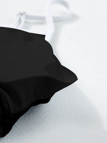 Sporty Black Ribbed Spaghetti Straps Swimdress with Flared Silhouette