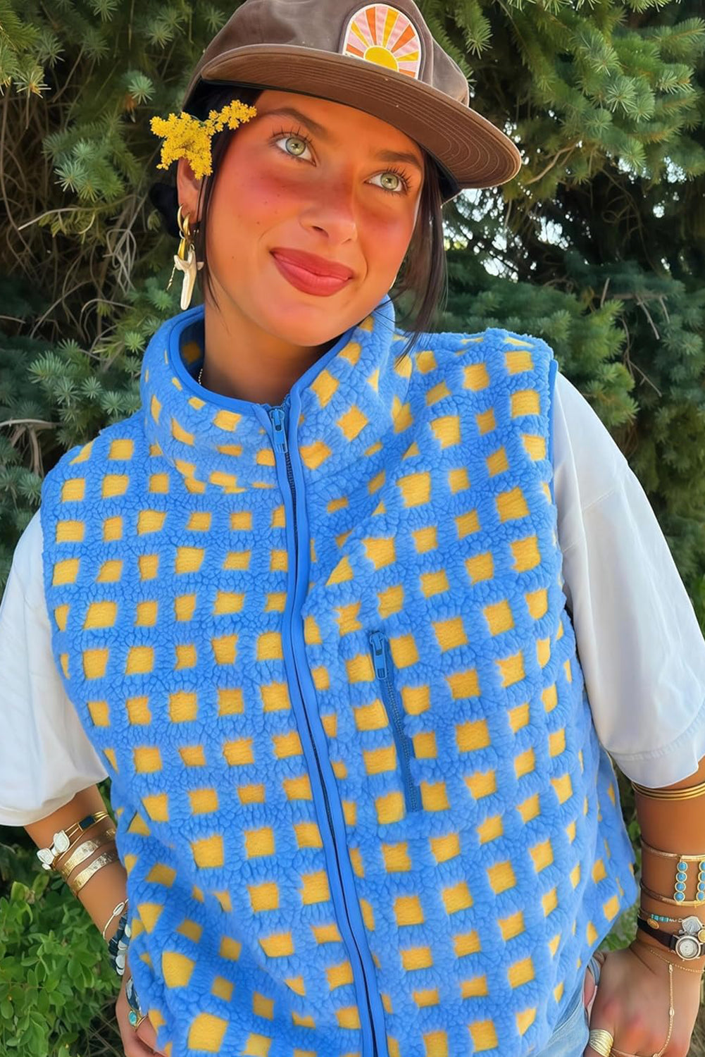 Light Blue Checkered Texture Plush Zip Up Winter Vest