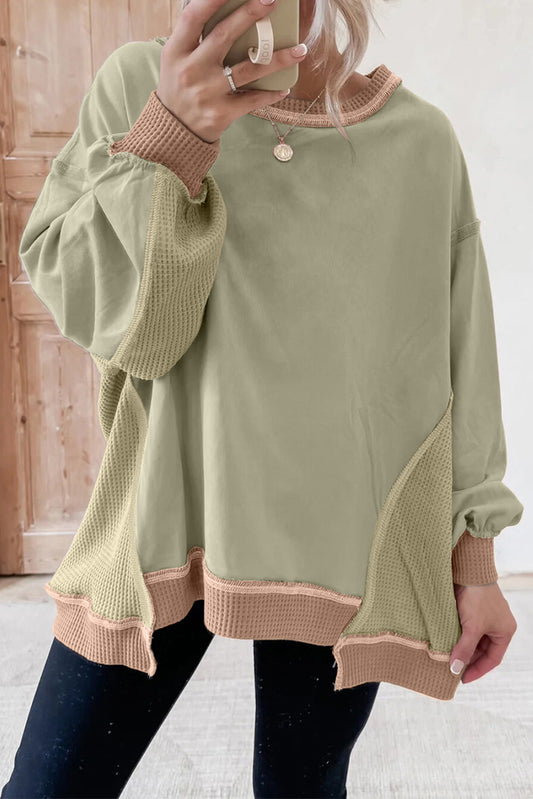 Smoke Green Color Block Mix Texture Waffle Patchwork Oversize Sweatshirt