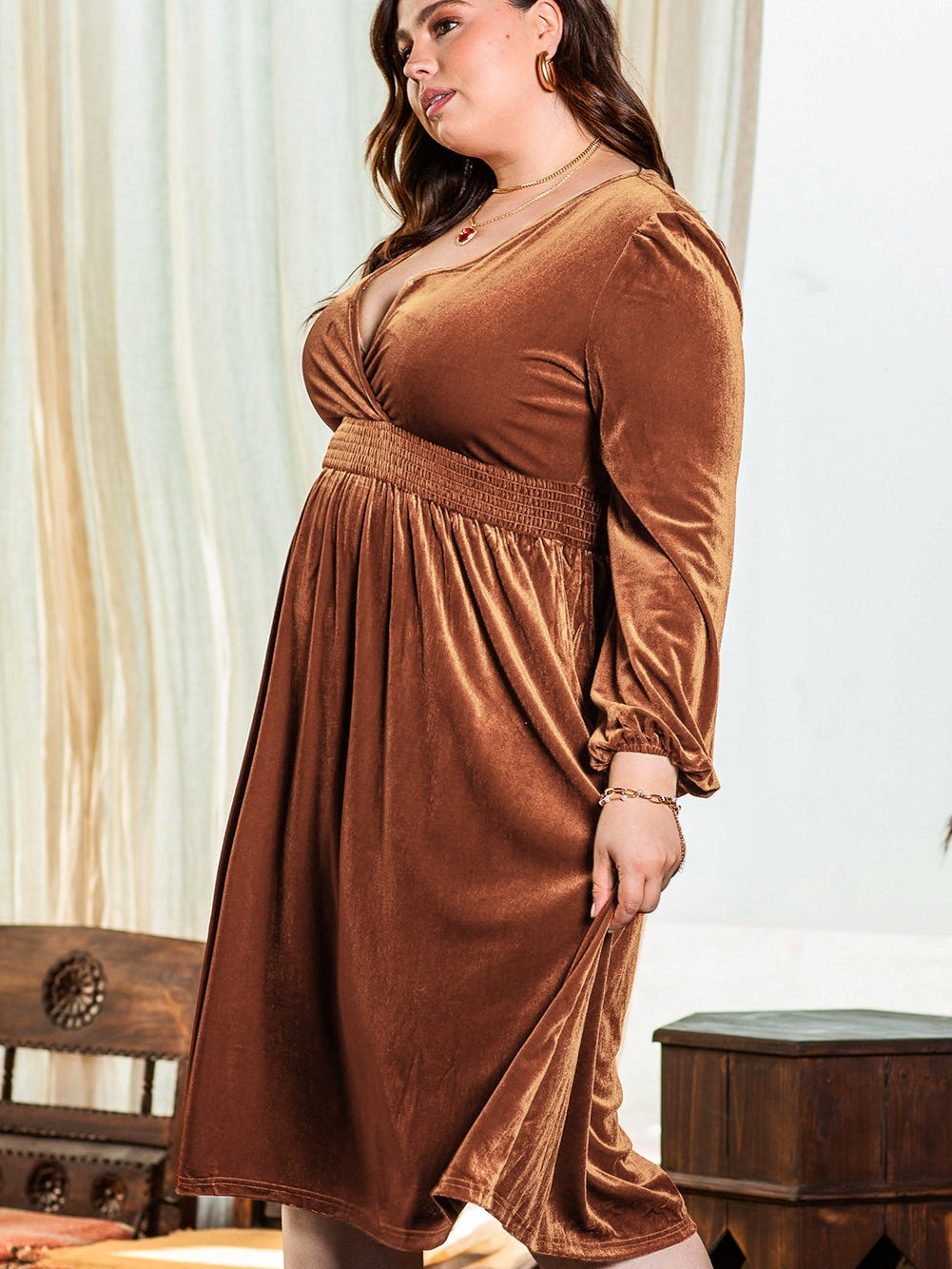 Camel Surplice V Neck Balloon Sleeve Velvet Dress