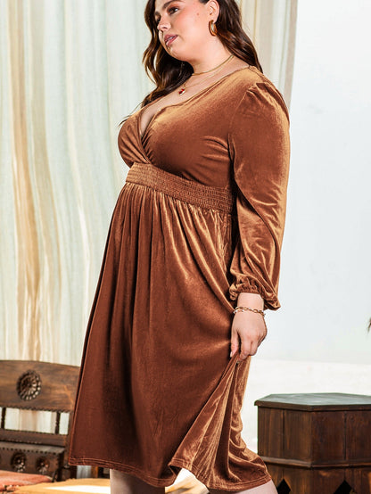Camel Surplice V Neck Balloon Sleeve Velvet Dress