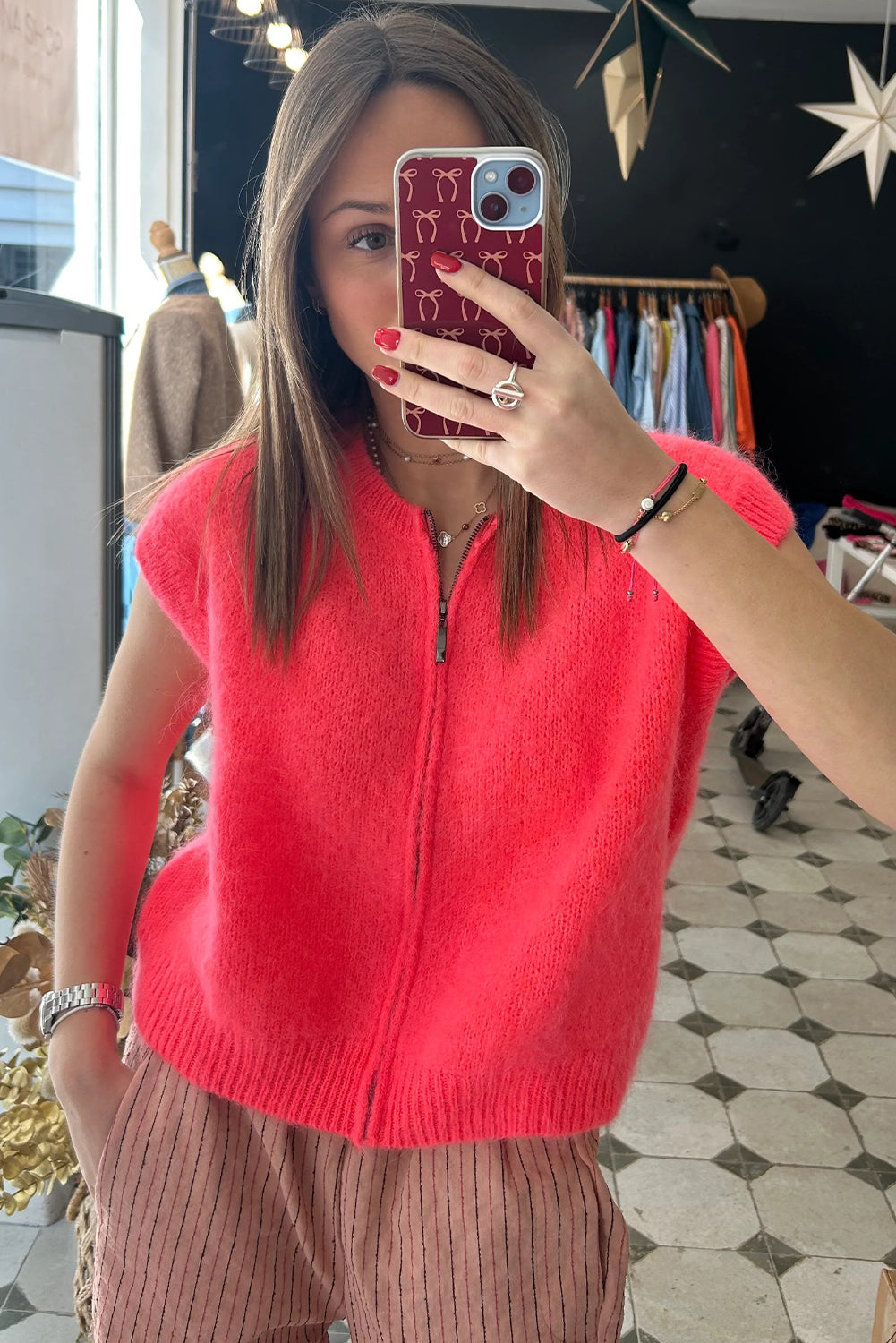 Coral Paradise Ribbed Trim Crew Neck Zip Up Sweater Vest