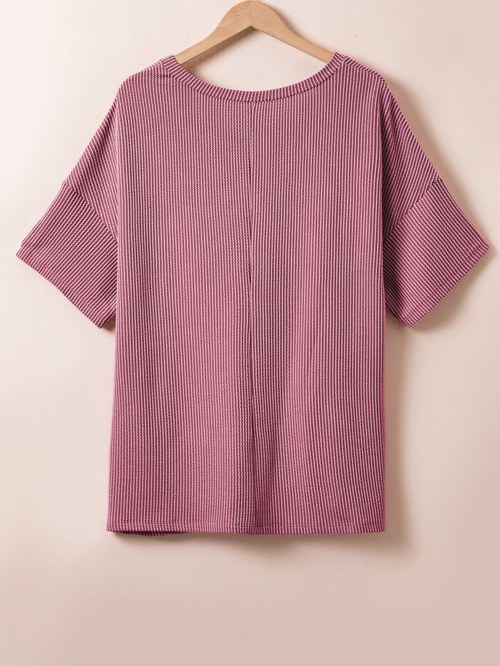 Rose Pink Textured V-Neck Dropped Shoulder Plus T-Shirt