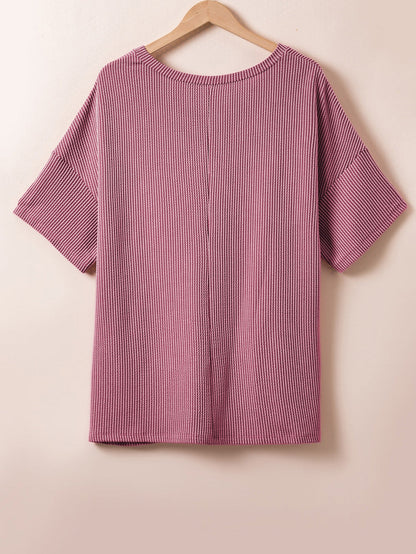 Rose Pink Textured V-Neck Dropped Shoulder Plus T-Shirt